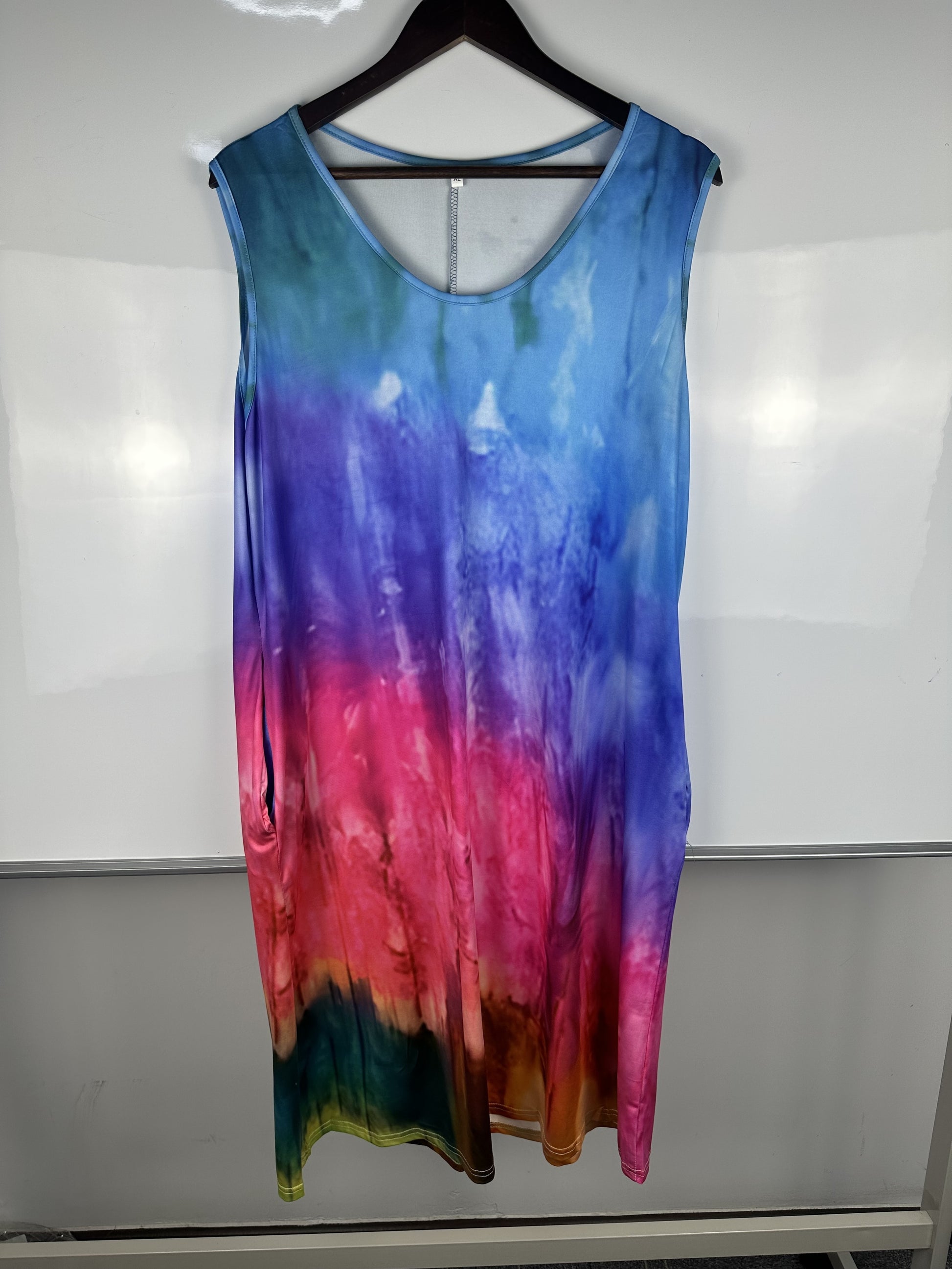 Plus Size Casual Dress, Women's Plus Random Print Round Neck Tank Dress With Pockets