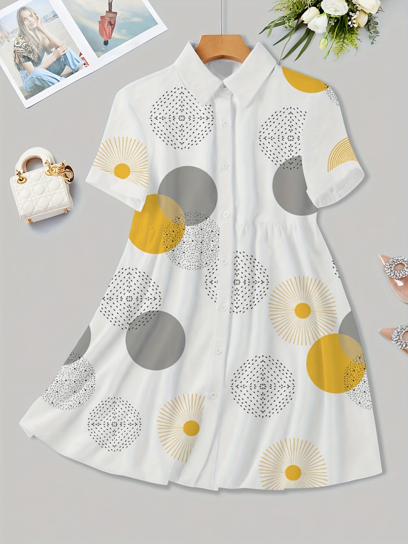 Women's Casual Geometric Print Shirt Collar Dress - A-Line Semi-Sheer Button Front with Polka Dot & Abstract Patterns, Machine Washable All-Season Versatile Wear, Stylish Indoor Attire, Decorative Sleeve Ties, Breathable Fabric