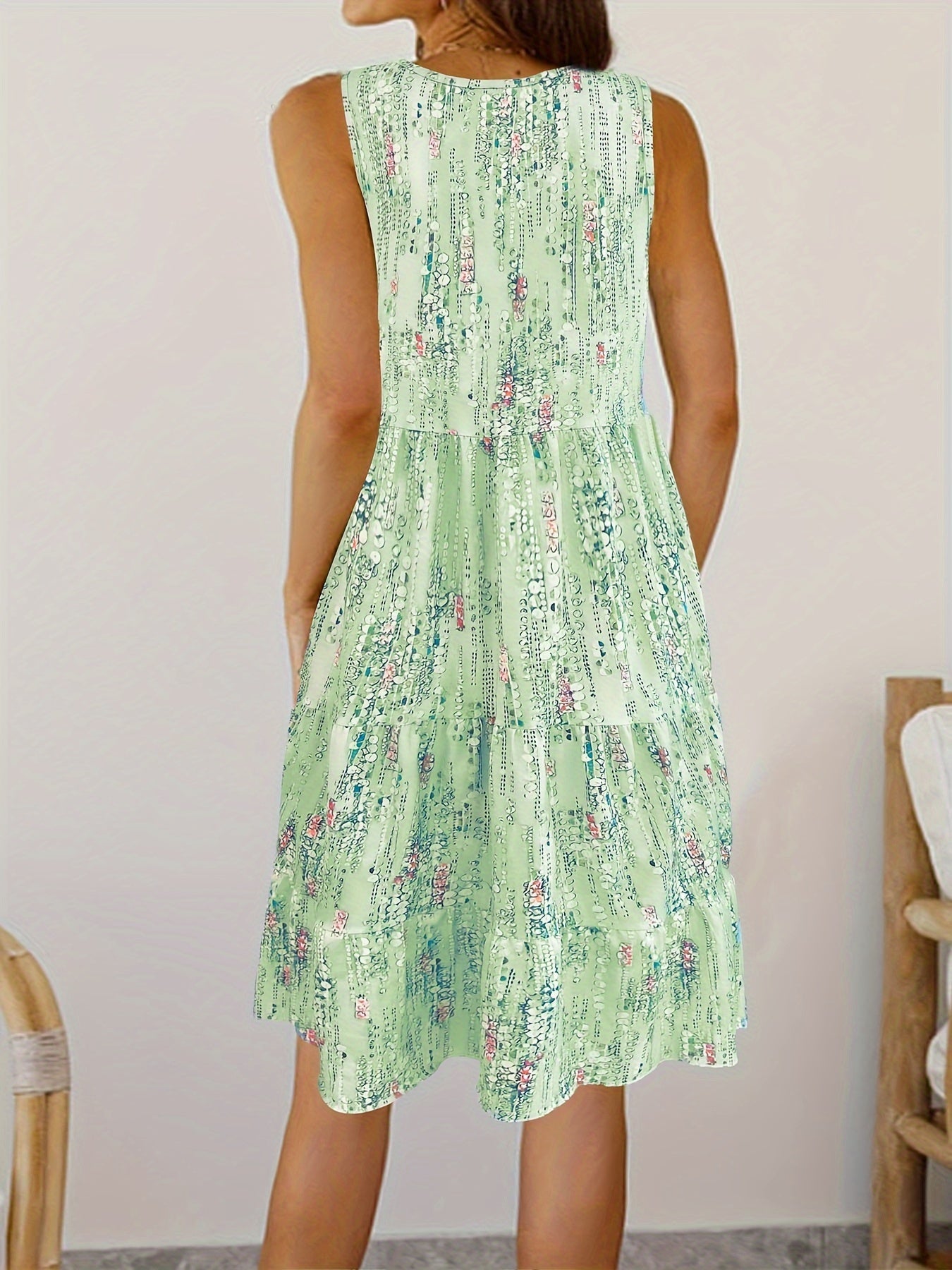 Floral Print Crew Neck Tank Dress, Casual Sleeveless Tiered Hem Dress For Spring & Summer, Women's Clothing