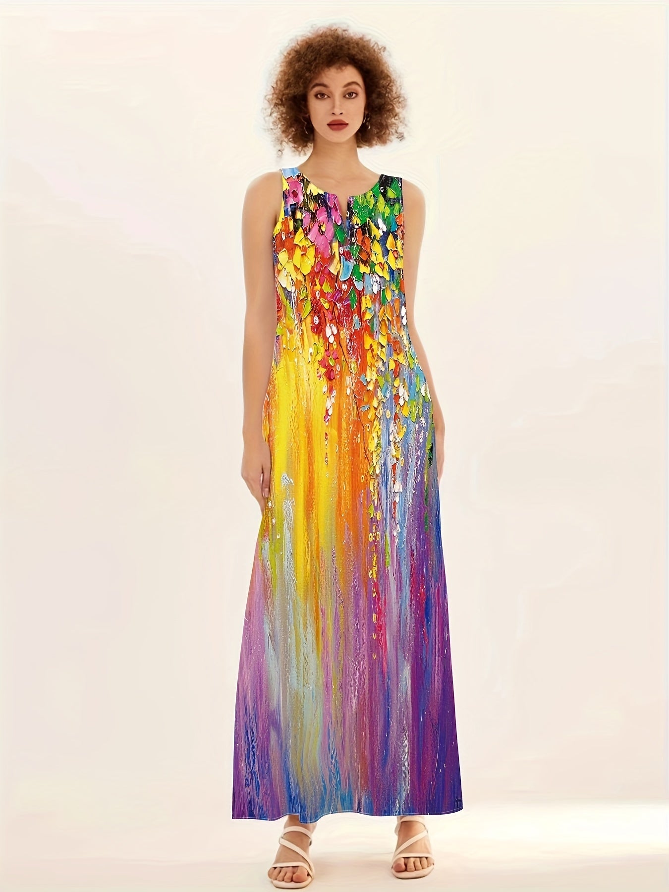 Bohemian Floral Print Dress with a V-Neck, Large Swing, Long Length, Pockets, And Sleeveless Design for Women.