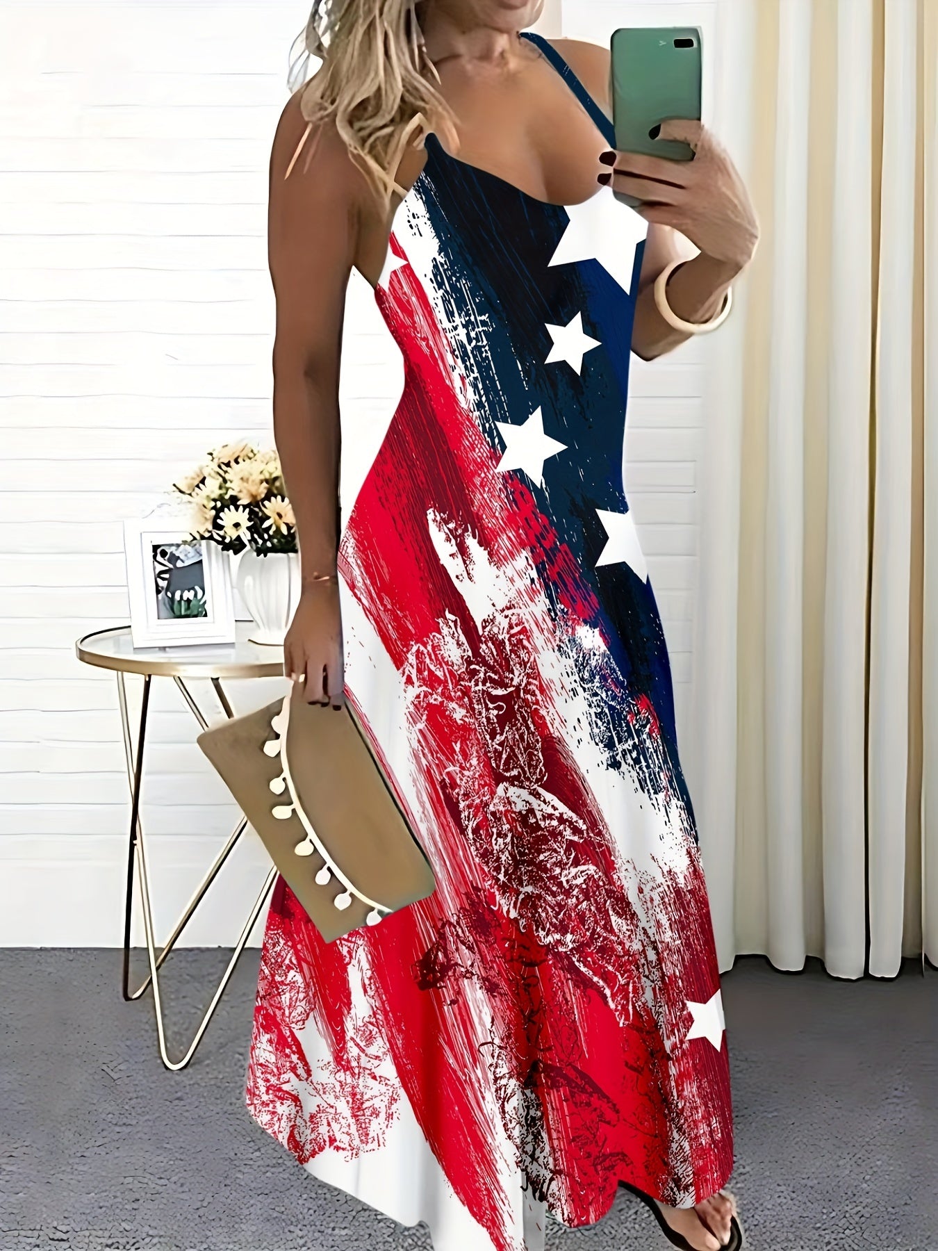 American Flag Print Cami Dress, Casual Sleeveless Maxi Dress, Women's Clothing