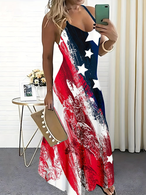 American Flag Print Cami Dress, Casual Sleeveless Maxi Dress, Women's Clothing