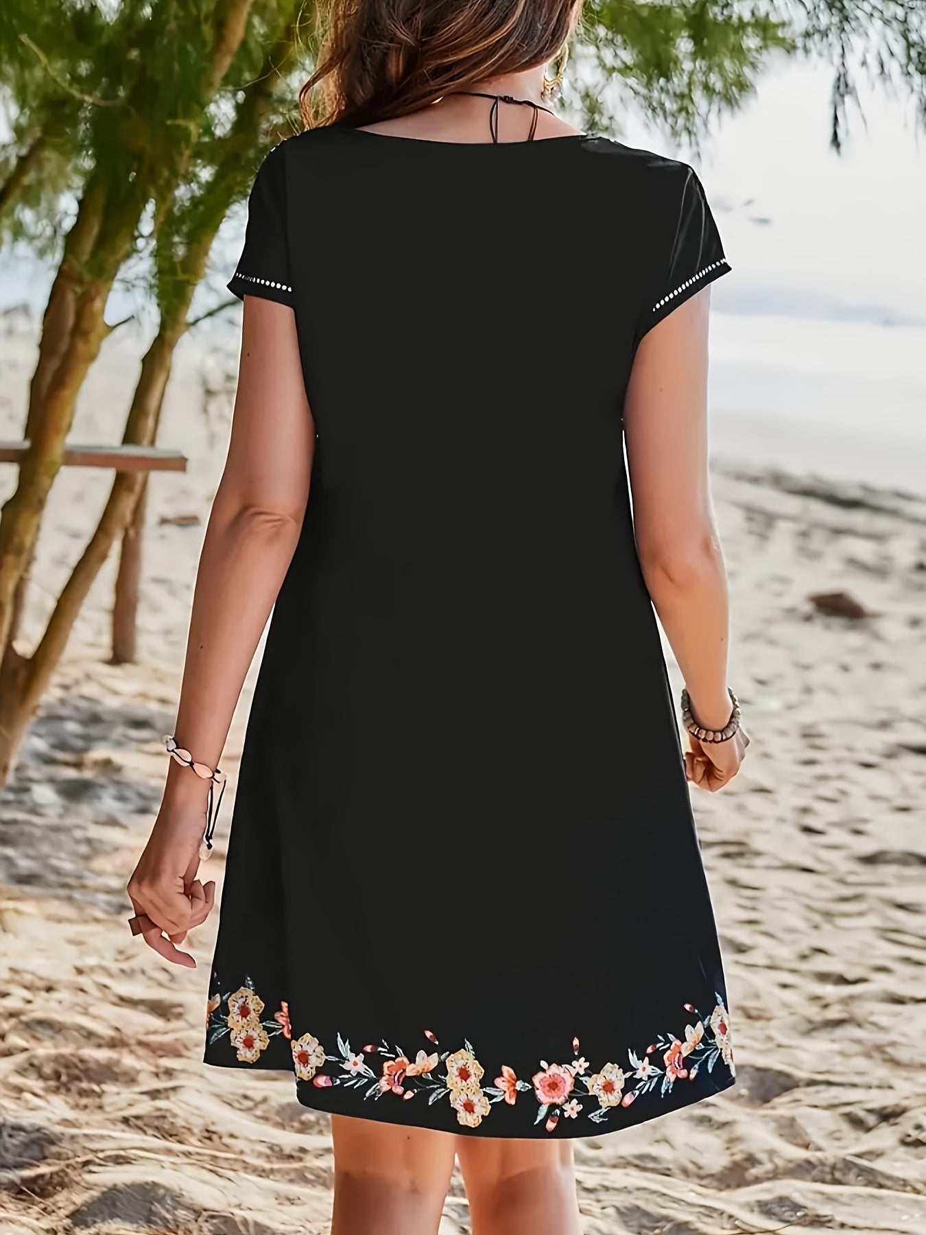 Chic Print Urban Casual Short Sleeve Created-Emerald Rose Summer Island Print V-Neck Women's Top