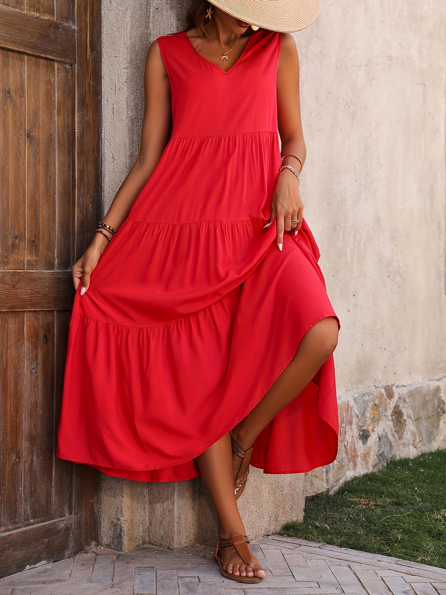 V Neck Tiered Tank Dress, Casual Sleeveless Loose Tank Dress For Spring & Summer, Women's Clothing