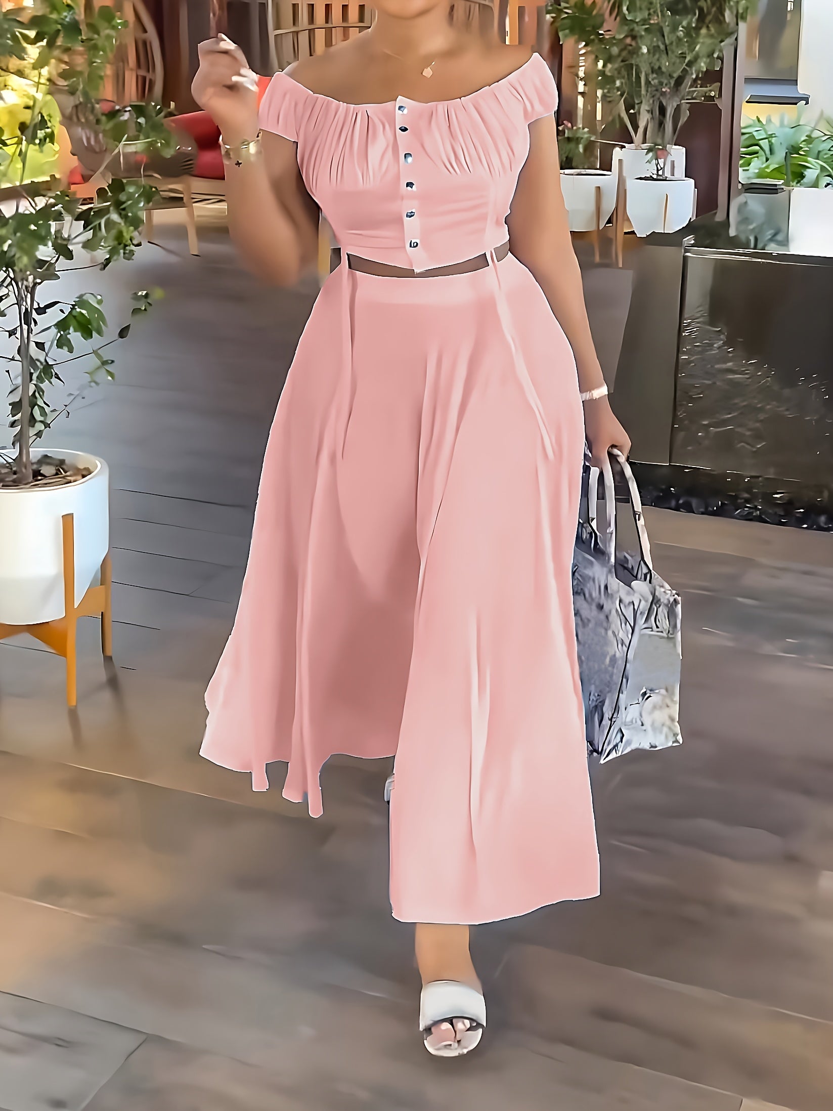 Women's Casual One-Shoulder Short Top A-Line Dangle Long Dress Fashion Set Two-Piece