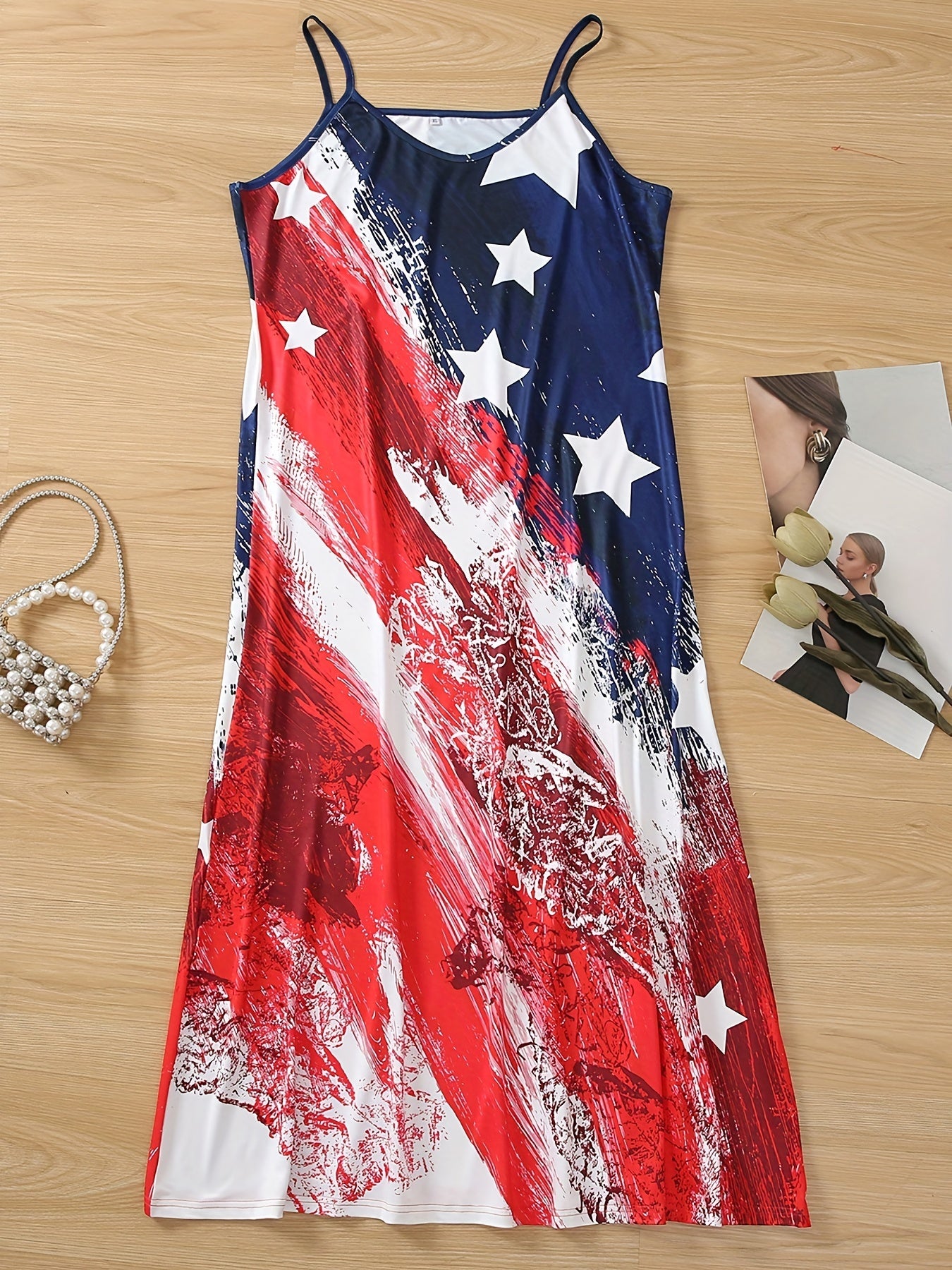 American Flag Print Cami Dress, Casual Sleeveless Maxi Dress, Women's Clothing