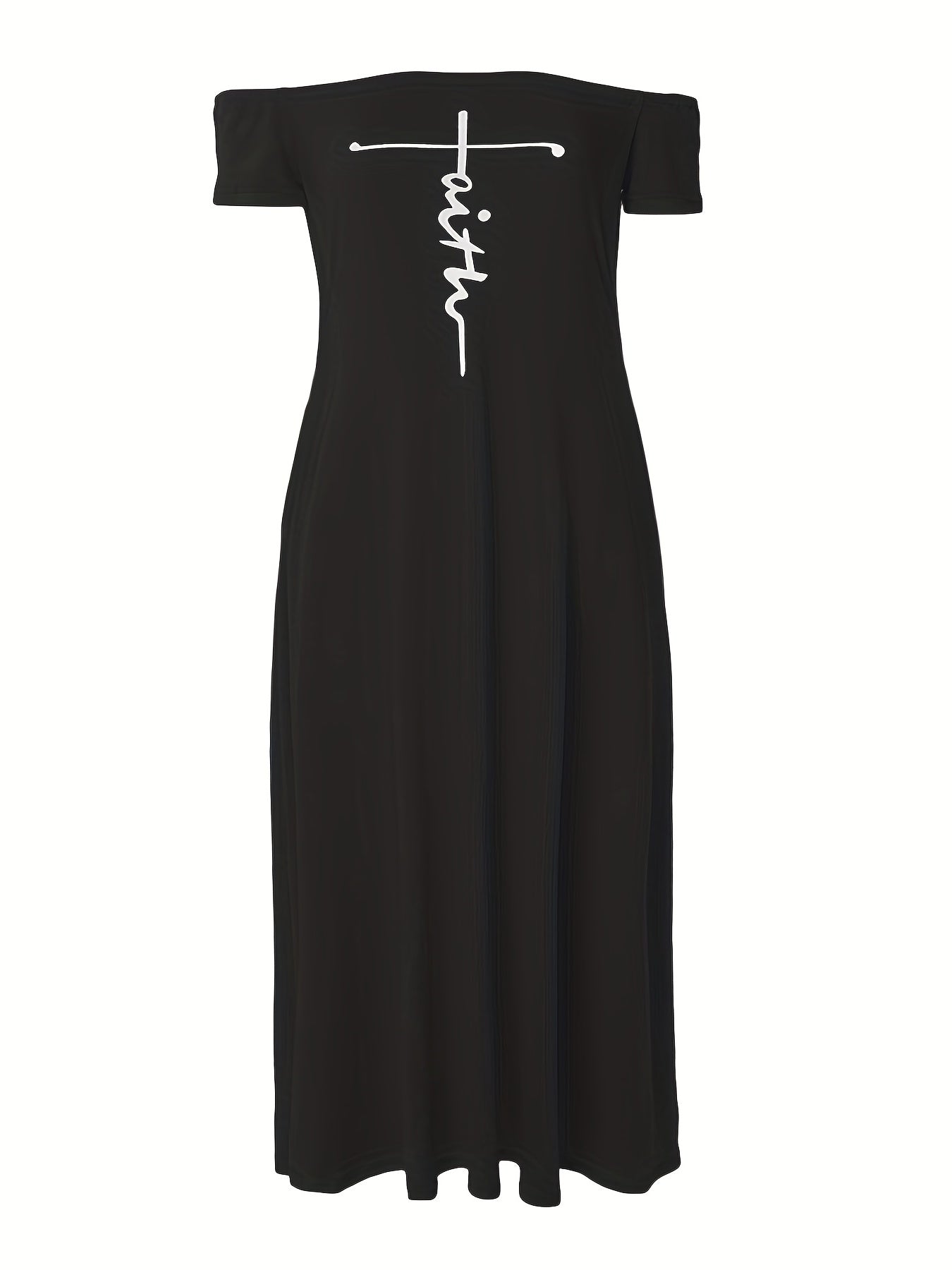 Women's Plus Size Casual Dress - Plus Size Cross Letter Print Off Shoulder Short Sleeve Maxi Dress With Pockets - For Women Size 14-24 - Suitable for Casual Occasions - Perfect Gift for Birthday & Holidays