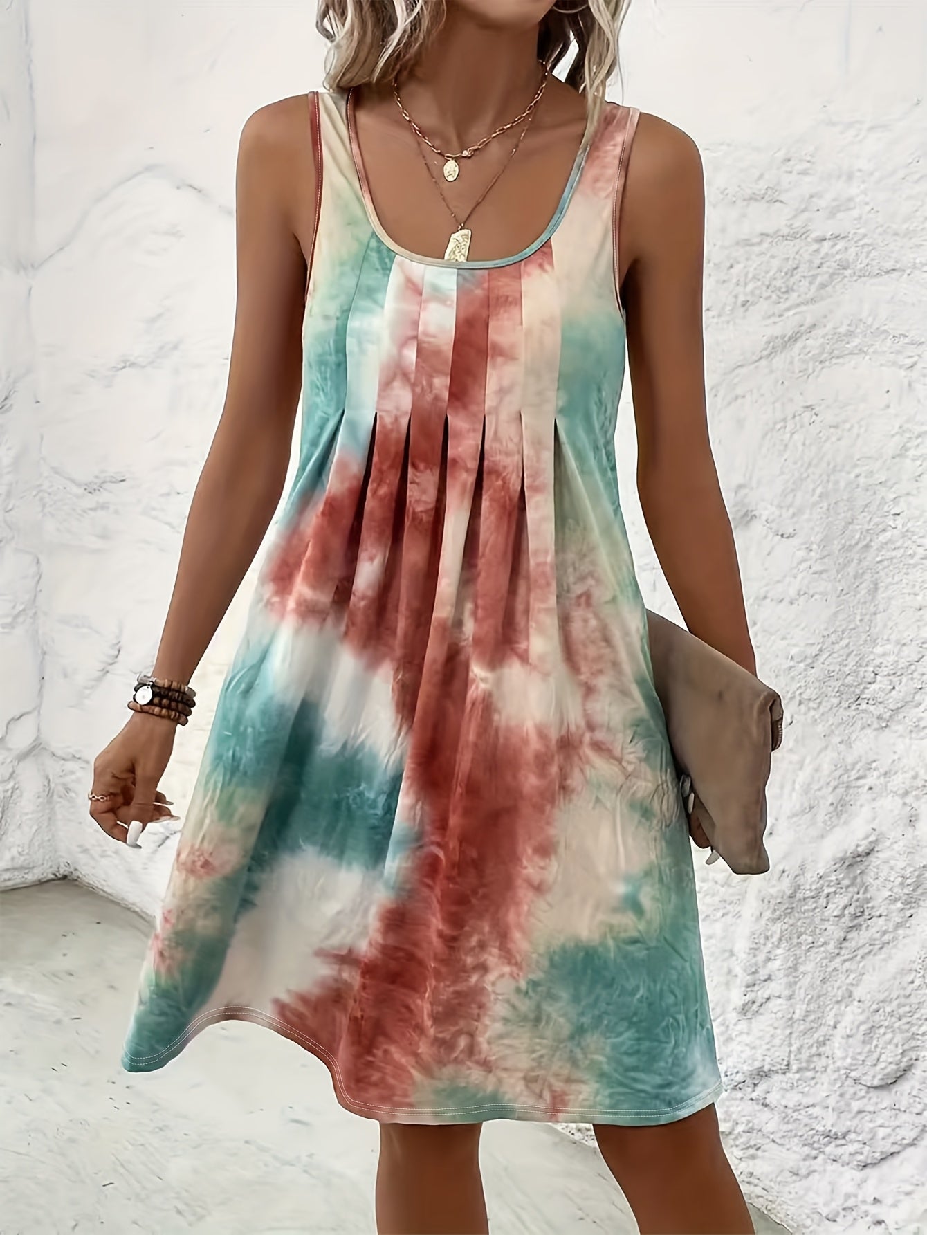 Plus Size Women's Casual Sleeveless Tie-Dye Print Dress - Vibrant Purple & Blue Random Pattern, Loose Fit Round Neck Pencil Skirt, Machine Washable Summer Dress, Flowy Fabric Gown