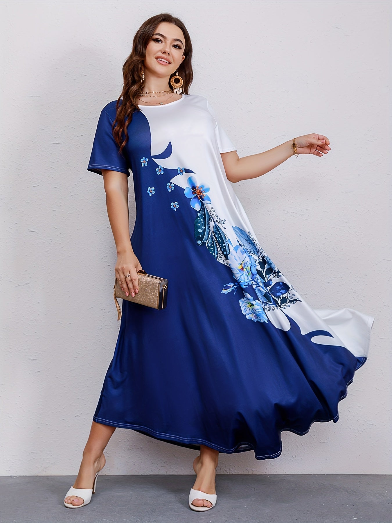 Women's Plus Size Casual Dress - Colorblock Floral Print Short Sleeve Round Neck Maxi Dress - For Women Size 14-24 - Suitable for Casual Occasions - Perfect Gift for Birthday & Holidays