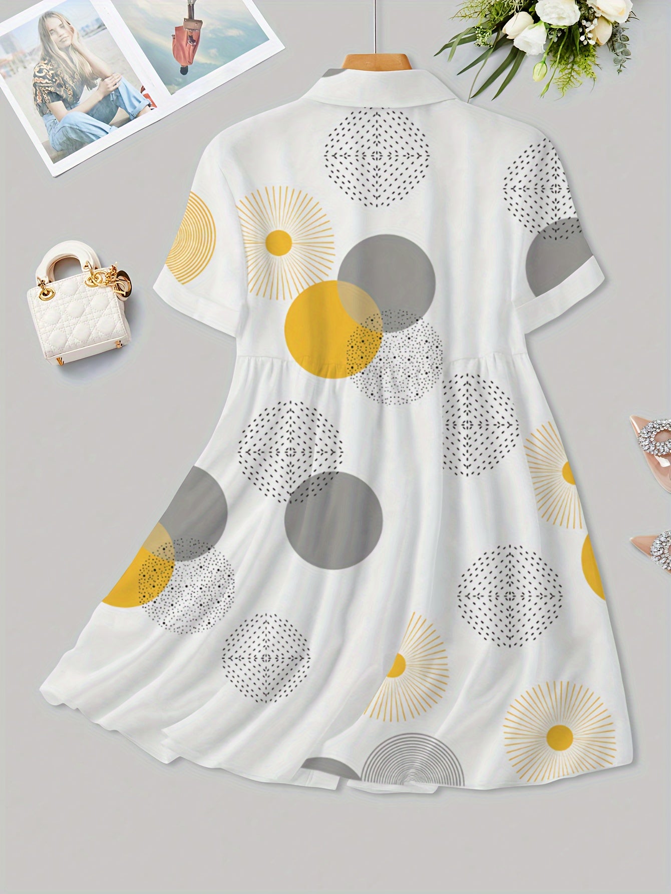 Women's Casual Geometric Print Shirt Collar Dress - A-Line Semi-Sheer Button Front with Polka Dot & Abstract Patterns, Machine Washable All-Season Versatile Wear, Stylish Indoor Attire, Decorative Sleeve Ties, Breathable Fabric