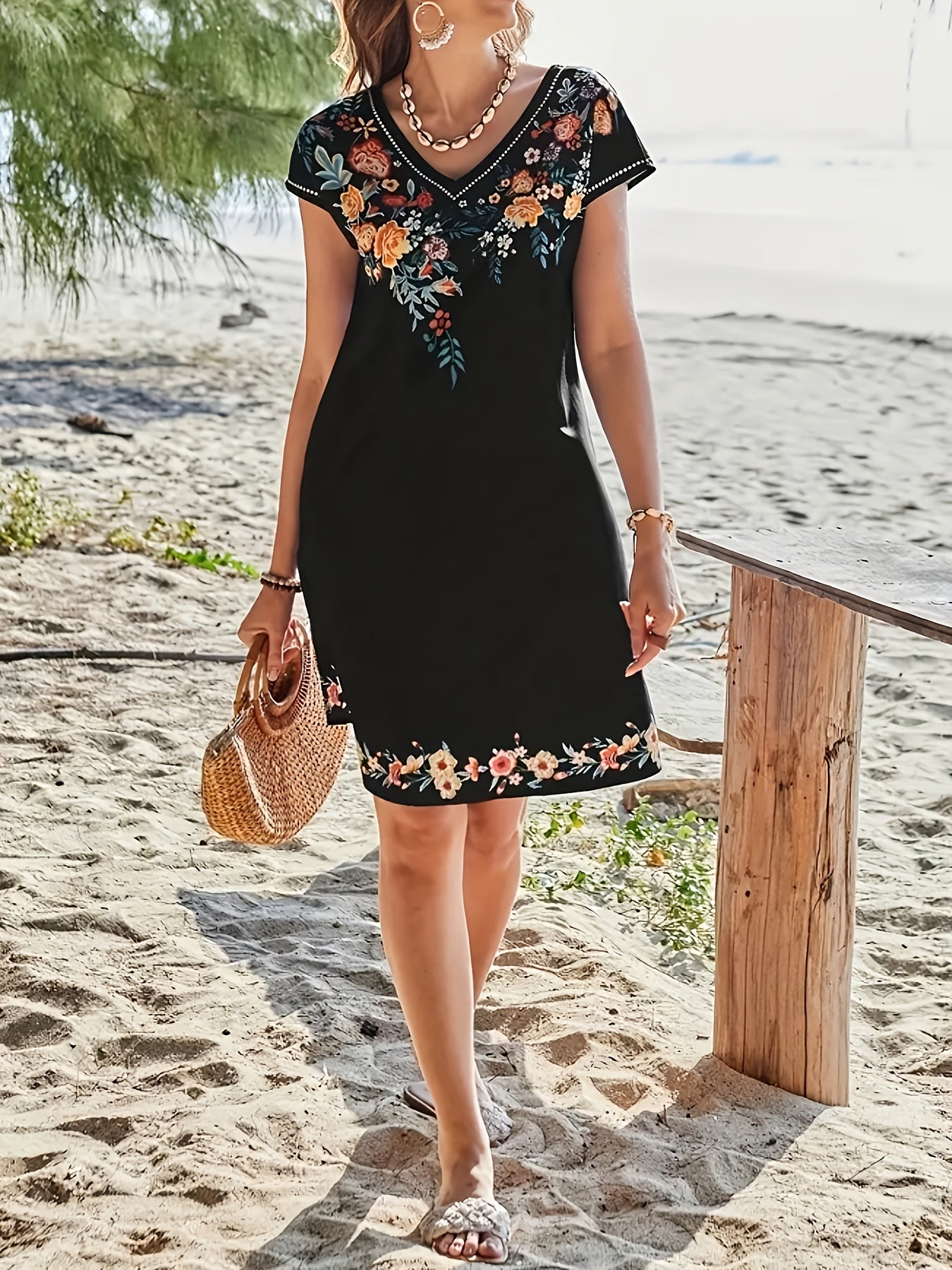 Chic Print Urban Casual Short Sleeve Created-Emerald Rose Summer Island Print V-Neck Women's Top