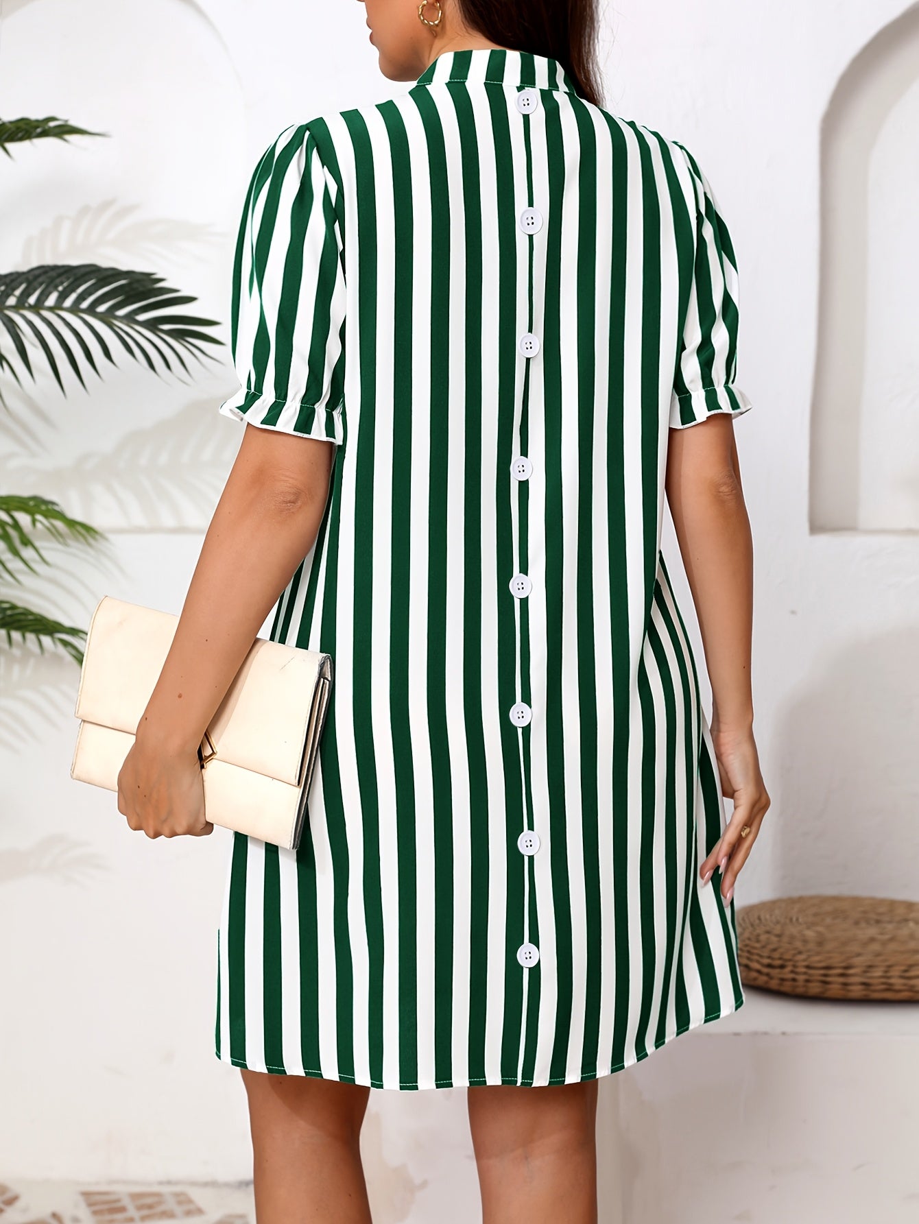 Plus Size Women's V-Neck Striped Casual Elegant Short Sleeve Dress - Turquoise & White Horizontal Stripes, Lightweight Breathable Fabric, Machine Washable, Spring Summer Outfits, Seasonal Fashion, Vneck Design, Durable Fashion, No Stretch Material