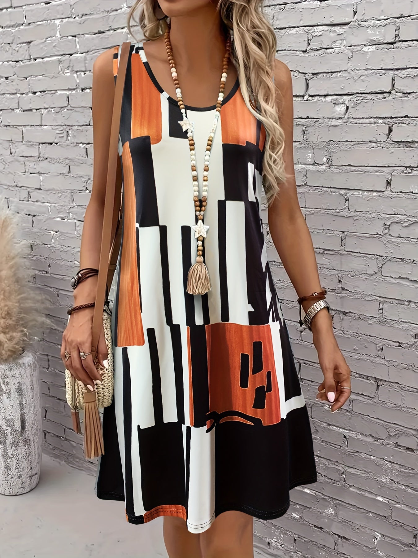 Allover Print Tank Dress, Casual Crew Neck Sleeveless Dress For Summer, Women's Clothing