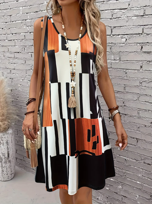 Allover Print Tank Dress, Casual Crew Neck Sleeveless Dress For Summer, Women's Clothing