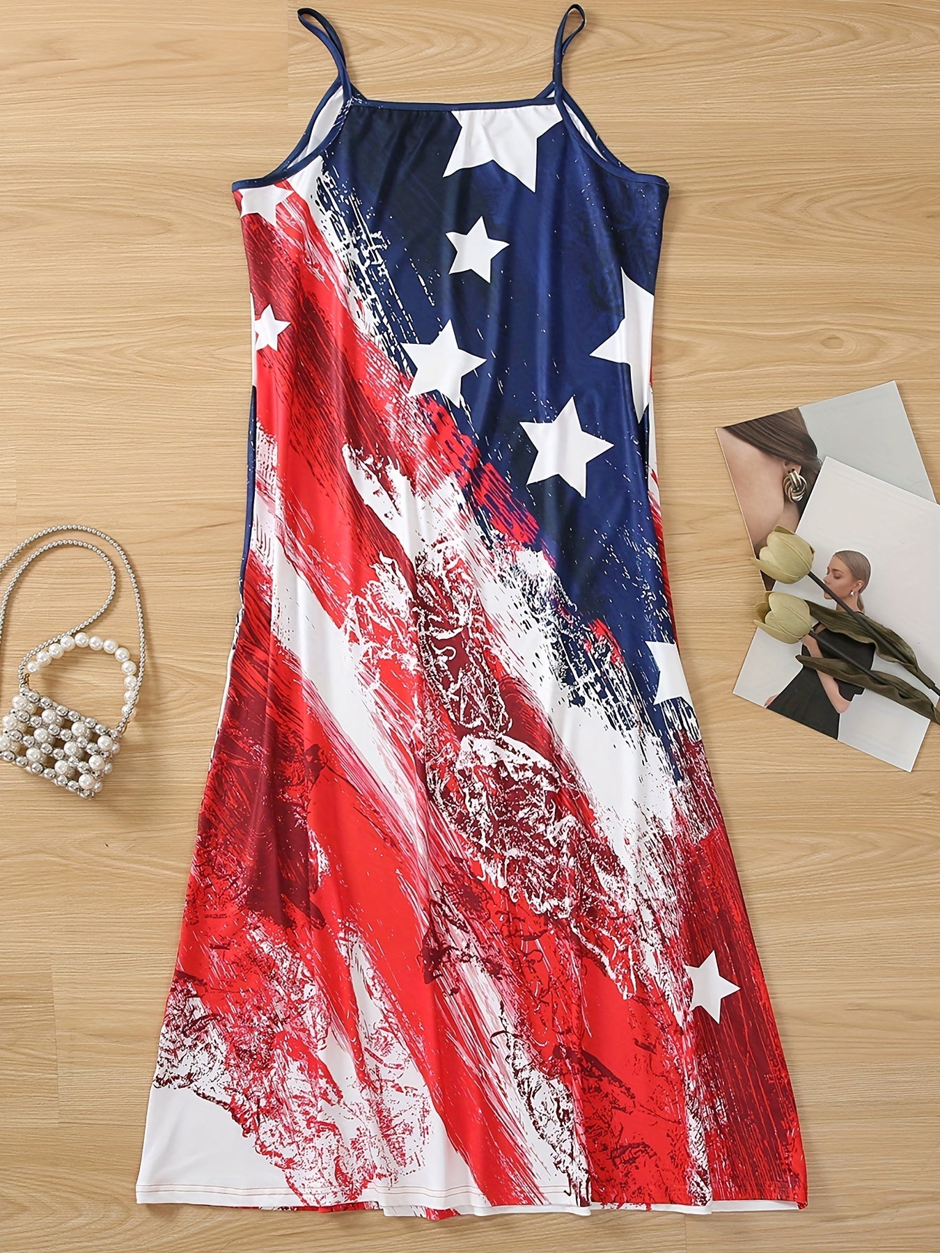 American Flag Print Cami Dress, Casual Sleeveless Maxi Dress, Women's Clothing