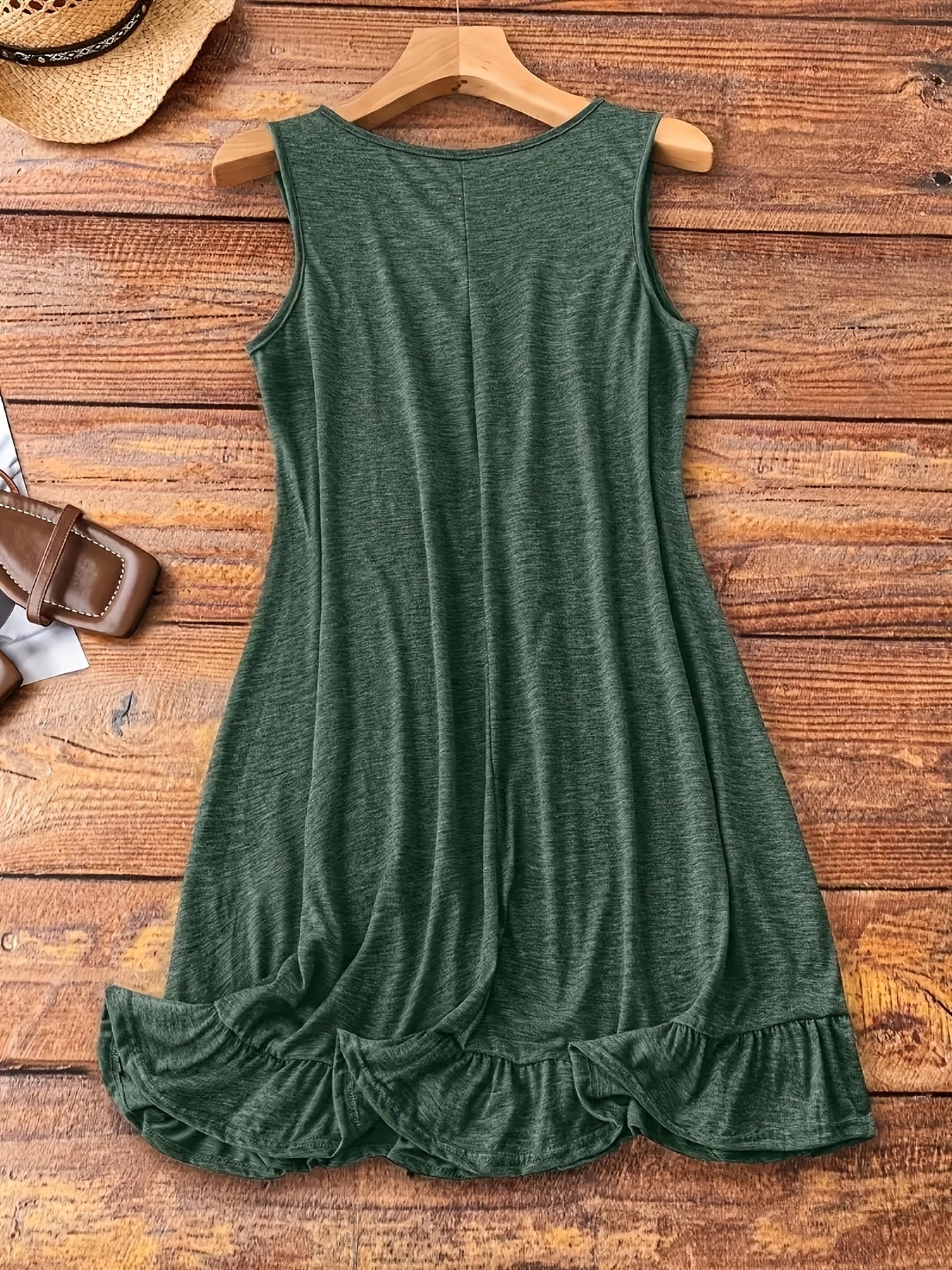 Plus Size Women's Casual Sleeveless Summer Dress - Knee-Length Ruffled Hem, Round Neck, Machine Washable, Solid Color for Casual Attire & Casual Outings, Casual Summer Dress, Soft Flowy Fabric