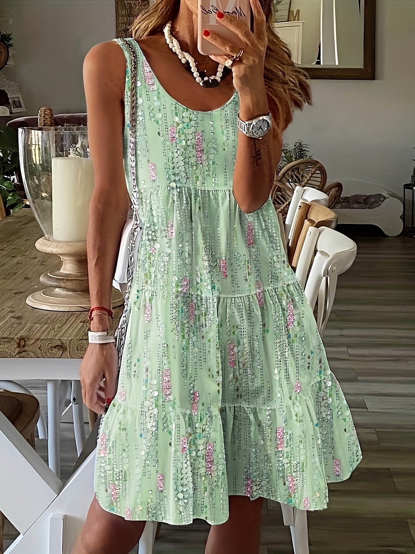 Floral Print Crew Neck Tank Dress, Casual Sleeveless Tiered Hem Dress For Spring & Summer, Women's Clothing