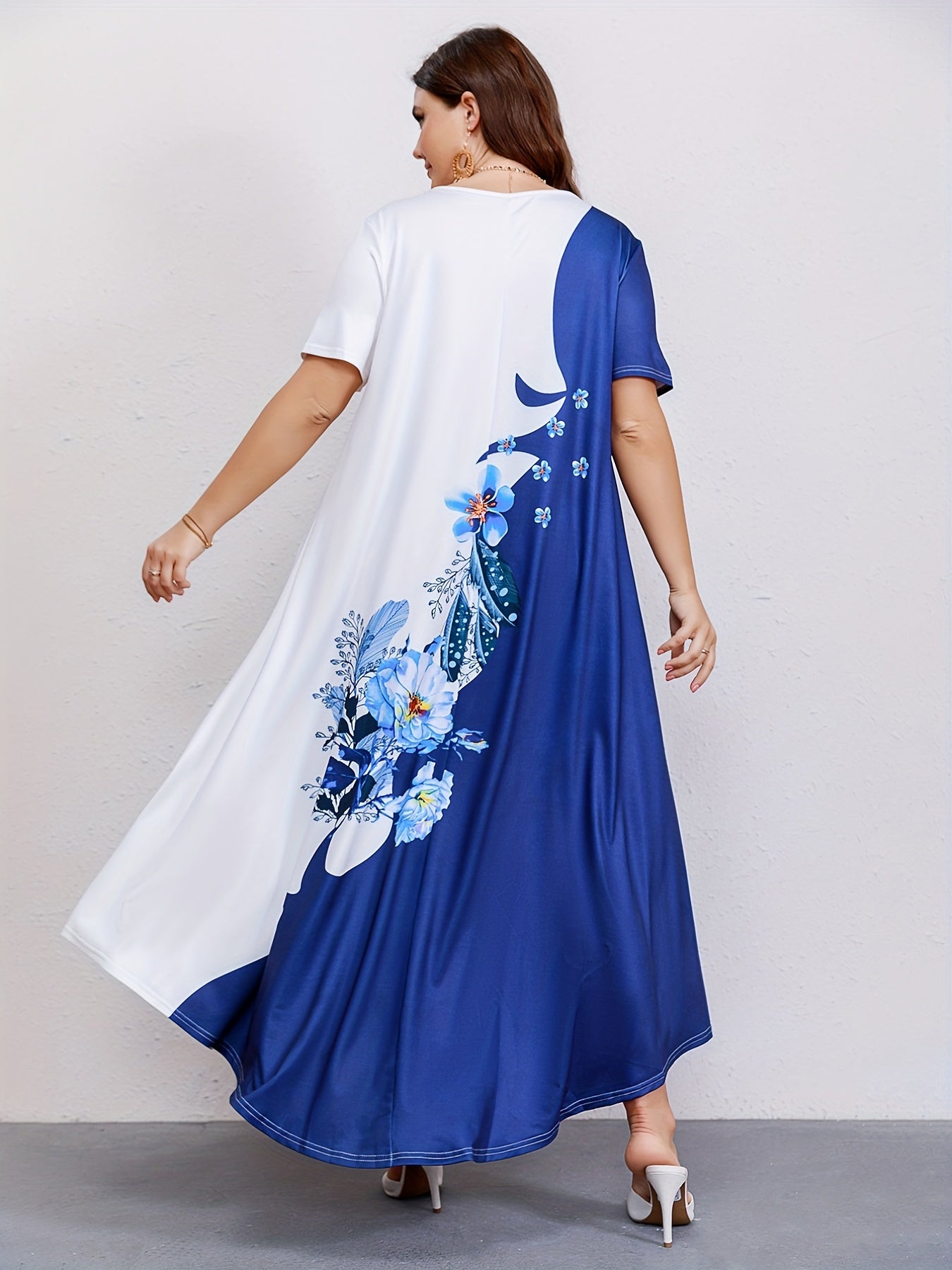 Women's Plus Size Casual Dress - Colorblock Floral Print Short Sleeve Round Neck Maxi Dress - For Women Size 14-24 - Suitable for Casual Occasions - Perfect Gift for Birthday & Holidays