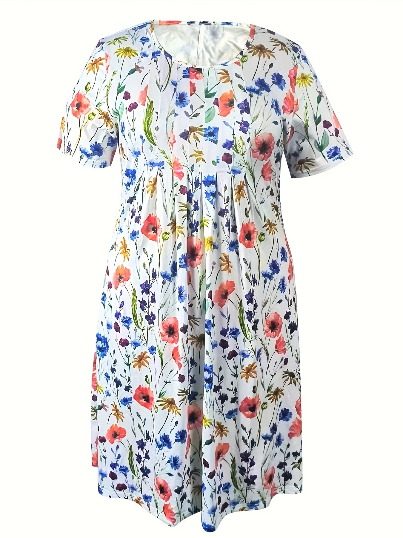 Women's Floral Print Round Neck Short Sleeve Dress - Lightweight Stretchy Machine-Washable Casual Vacation Dress for Spring/Summer, Breathable Loose Fit with Pockets, Cute Summer Dresses, Flowy Fabric