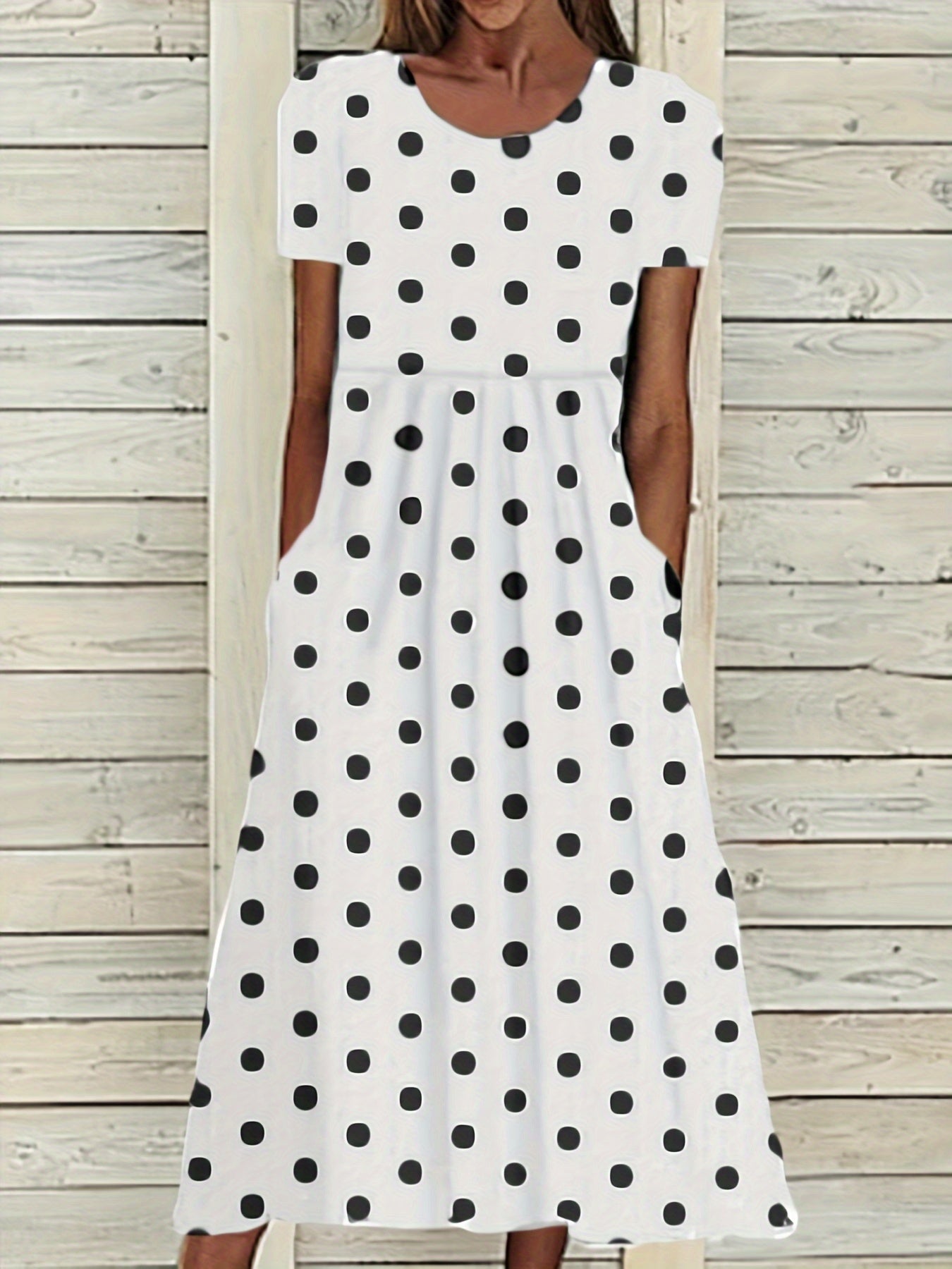 Polka Dot Print Midi Dress, Casual Crew Neck Short Sleeve Dress, Women's Clothing
