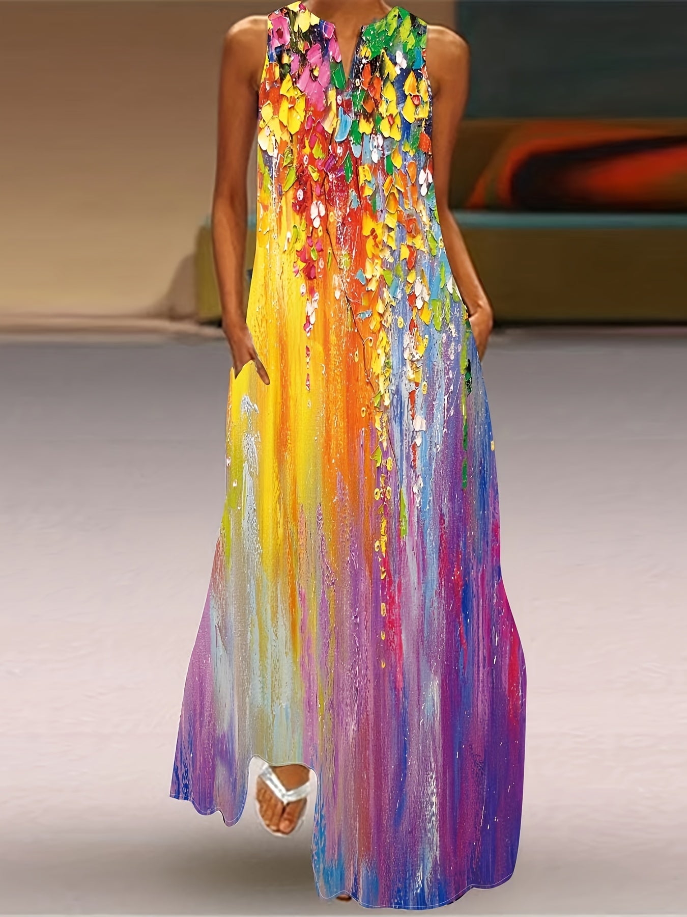 Bohemian Floral Print Dress with a V-Neck, Large Swing, Long Length, Pockets, And Sleeveless Design for Women.
